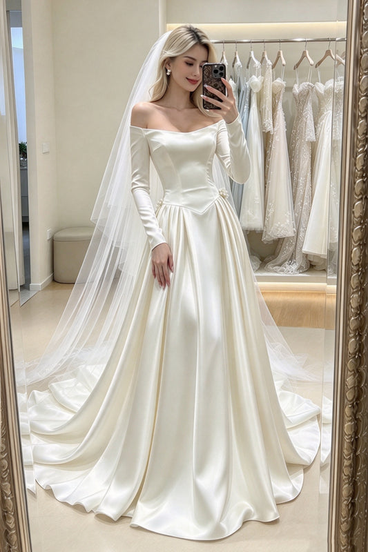 Original Design Off Shoulder Long Sleeve Satin A-line Wedding Dress F0407