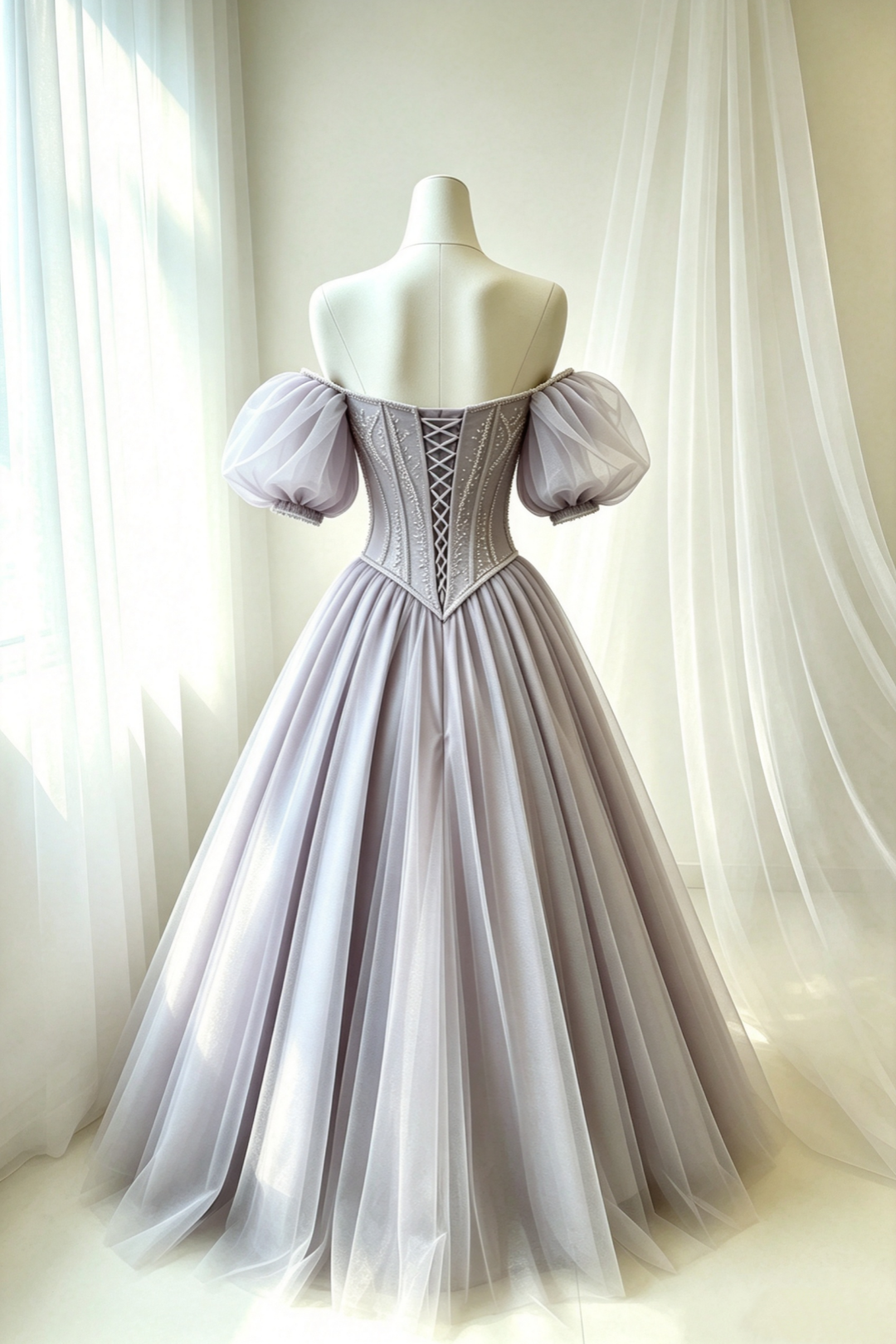 Original Lavender Off‑Shoulder Puff Sleeve Corset Ball Gown F0079