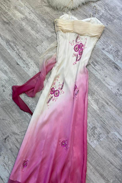 Ombre White Pink Spaghetti Strap Beaded Floral Evening Dress F0222