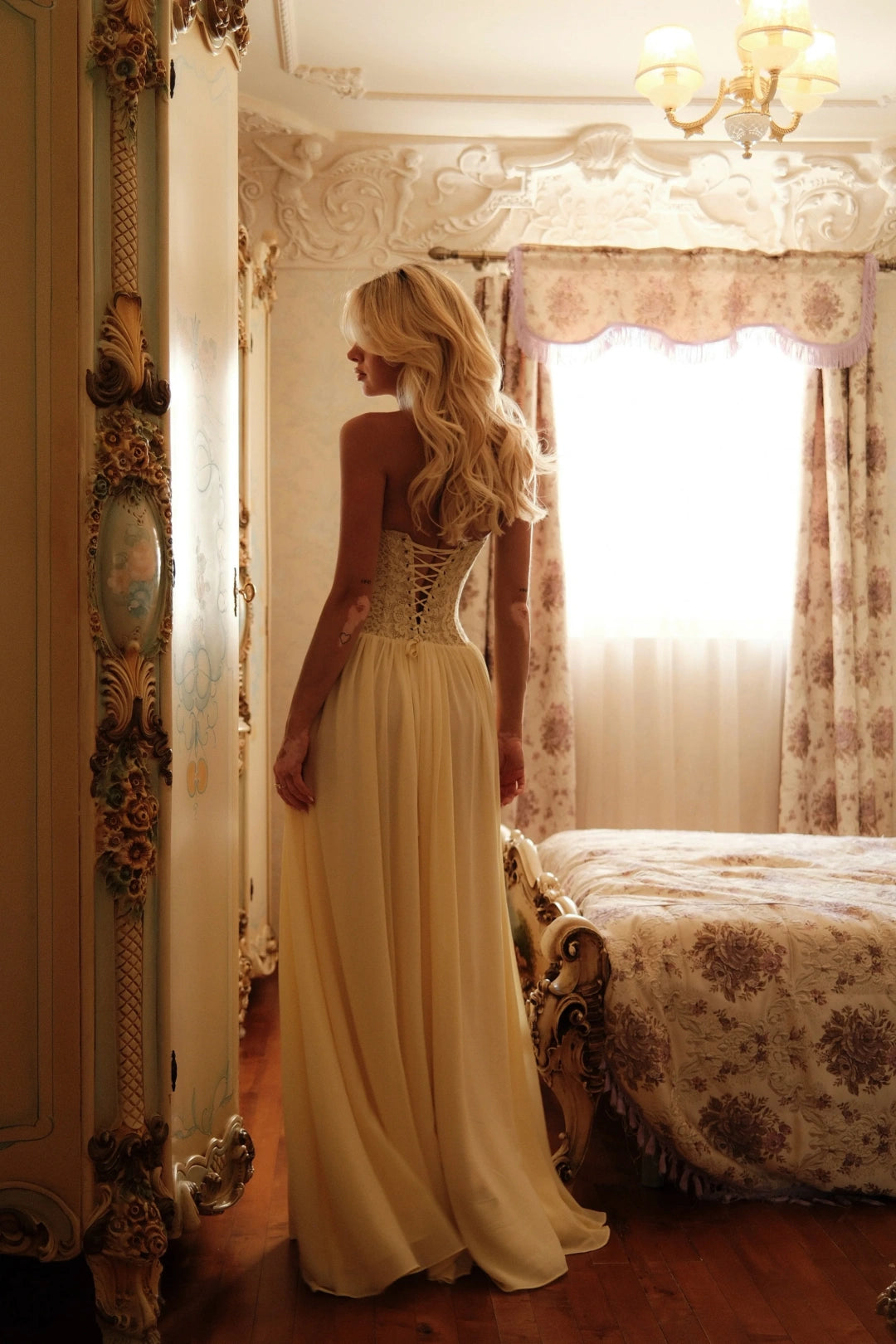 Pale Yellow Halter Lace Corset Chiffon Maxi Dress Formal Evening Gown L047