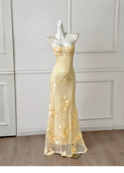 Pale Yellow Spaghetti Strap Lace Mermaid Long Evening Dress F0461