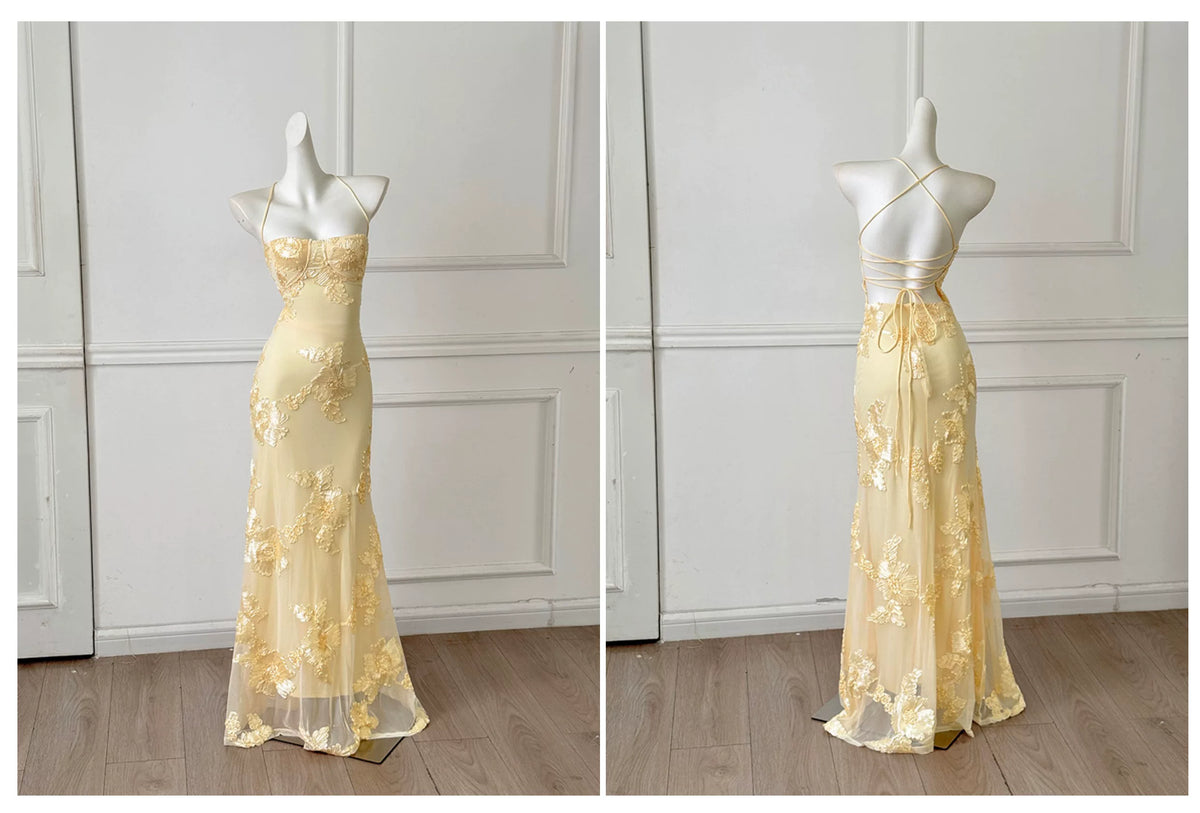 Pale Yellow Spaghetti Strap Lace Mermaid Long Evening Dress F0461