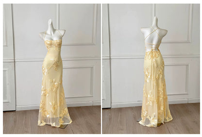 Pale Yellow Spaghetti Strap Lace Mermaid Long Evening Dress F0461