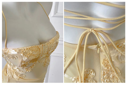 Pale Yellow Spaghetti Strap Lace Mermaid Long Evening Dress F0461