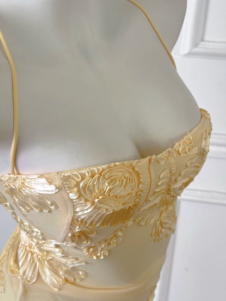 Pale Yellow Spaghetti Strap Lace Mermaid Long Evening Dress F0461