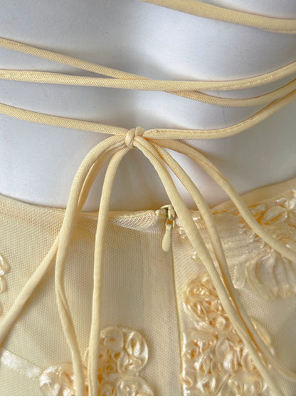 Pale Yellow Spaghetti Strap Lace Mermaid Long Evening Dress F0461