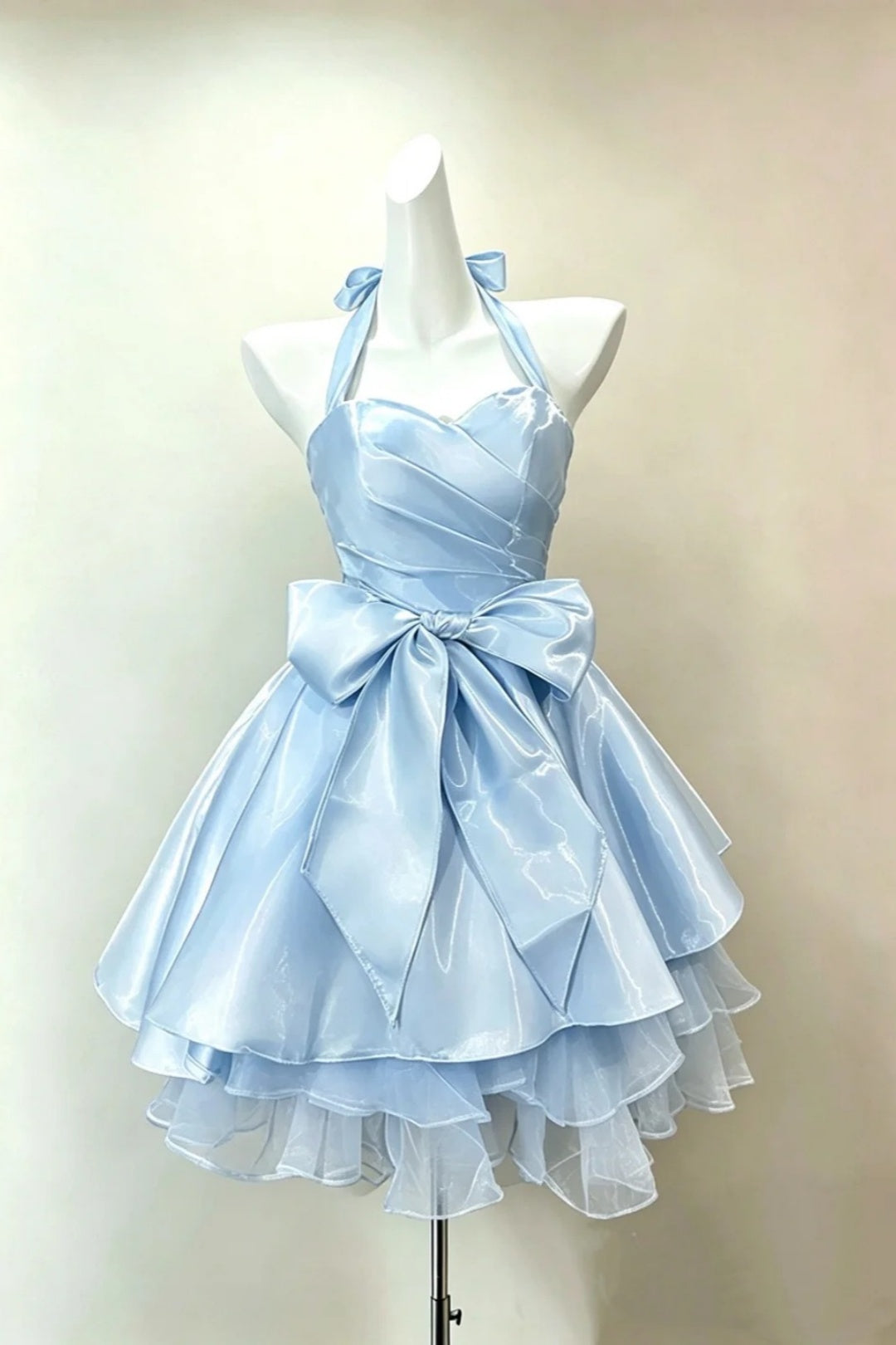 Light Blue Halter Neck Satin Mini Gown, Large Bow Layered Ruffle Tulle Homecoming Party Dress F0010
