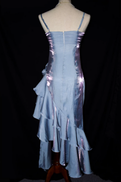 Iridescent Blue Holographic Spaghetti Strap Midi Formal Dress, Ruched Ruffle Floral Party Dress L007