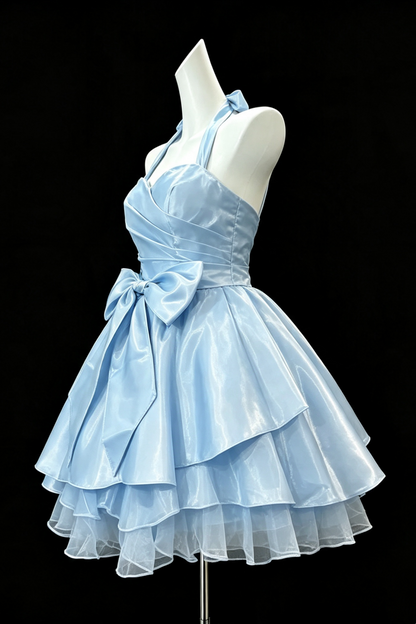 Light Blue Halter Neck Satin Mini Gown, Large Bow Layered Ruffle Tulle Homecoming Party Dress F0010