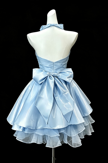 Light Blue Halter Neck Satin Mini Gown, Large Bow Layered Ruffle Tulle Homecoming Party Dress F0010