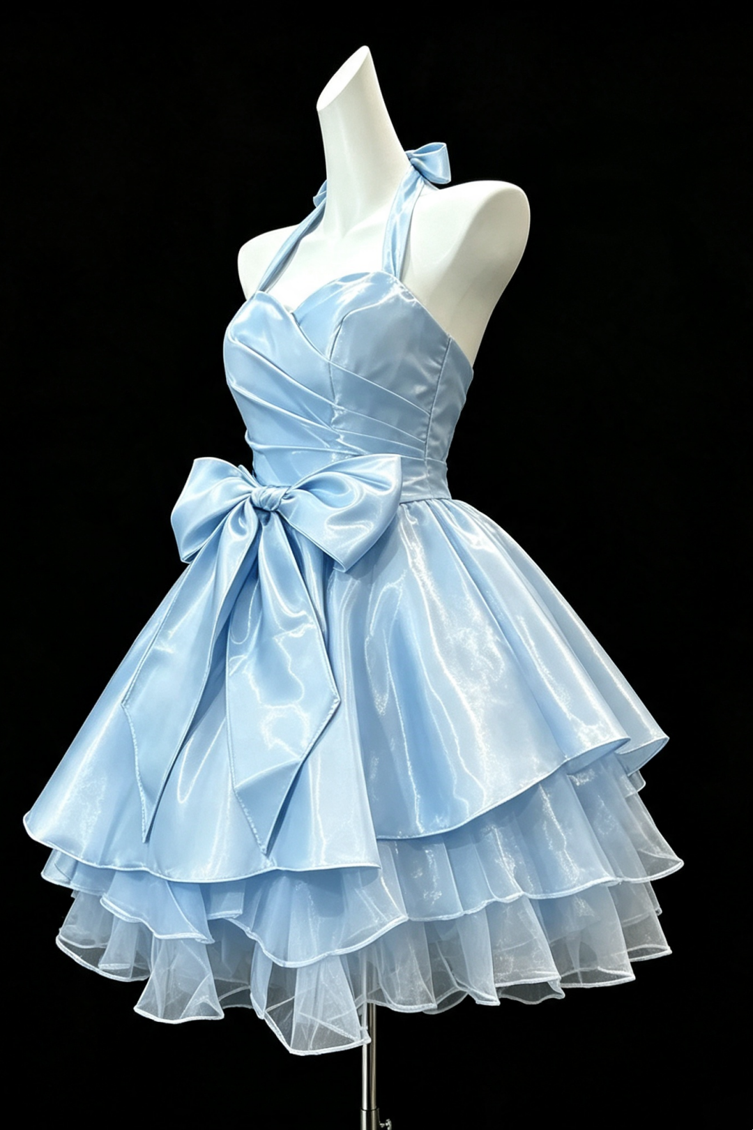 Light Blue Halter Neck Satin Mini Gown, Large Bow Layered Ruffle Tulle Homecoming Party Dress F0010