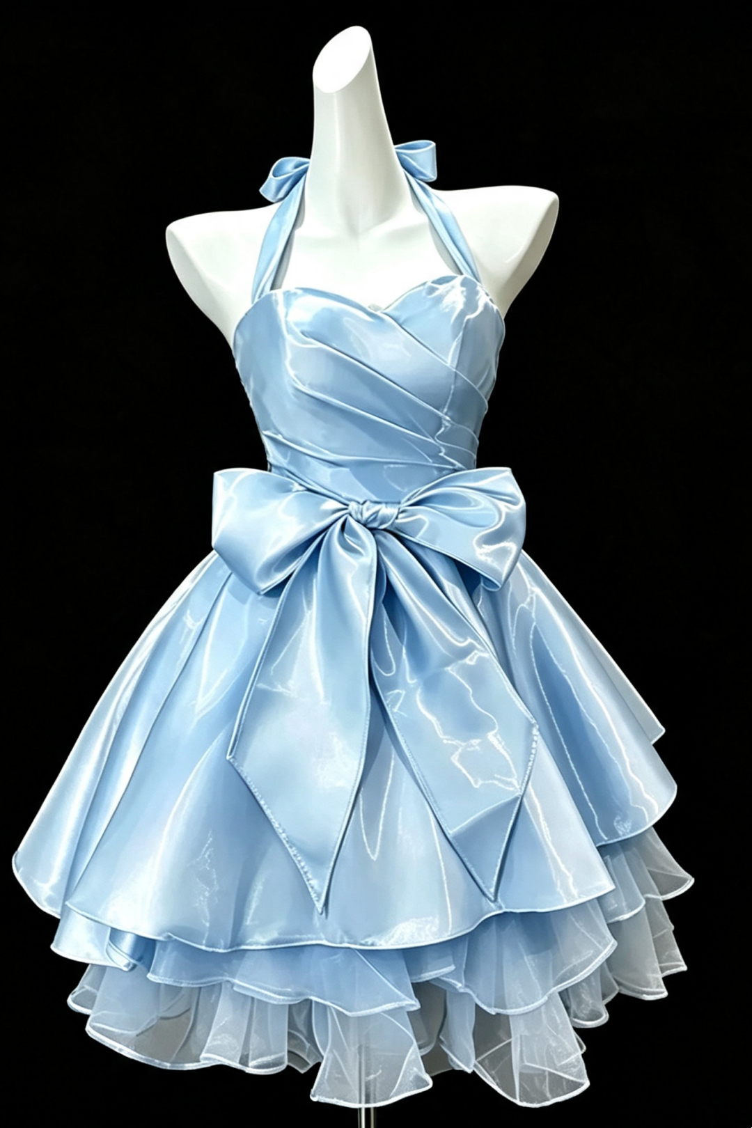 Light Blue Halter Neck Satin Mini Gown, Large Bow Layered Ruffle Tulle Homecoming Party Dress F0010