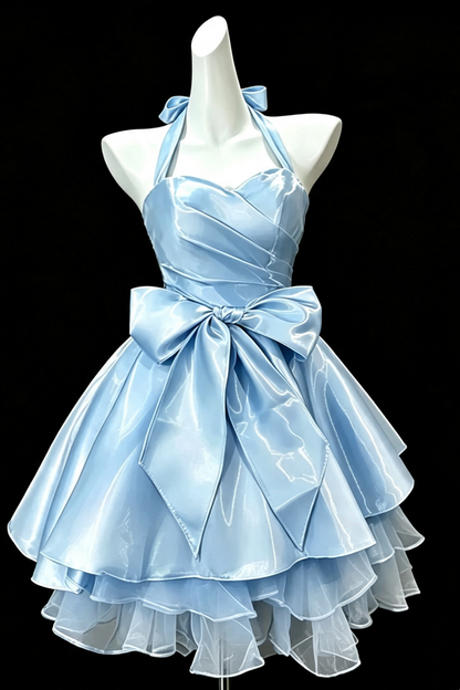 Light Blue Halter Neck Satin Mini Gown, Large Bow Layered Ruffle Tulle Homecoming Party Dress F0010
