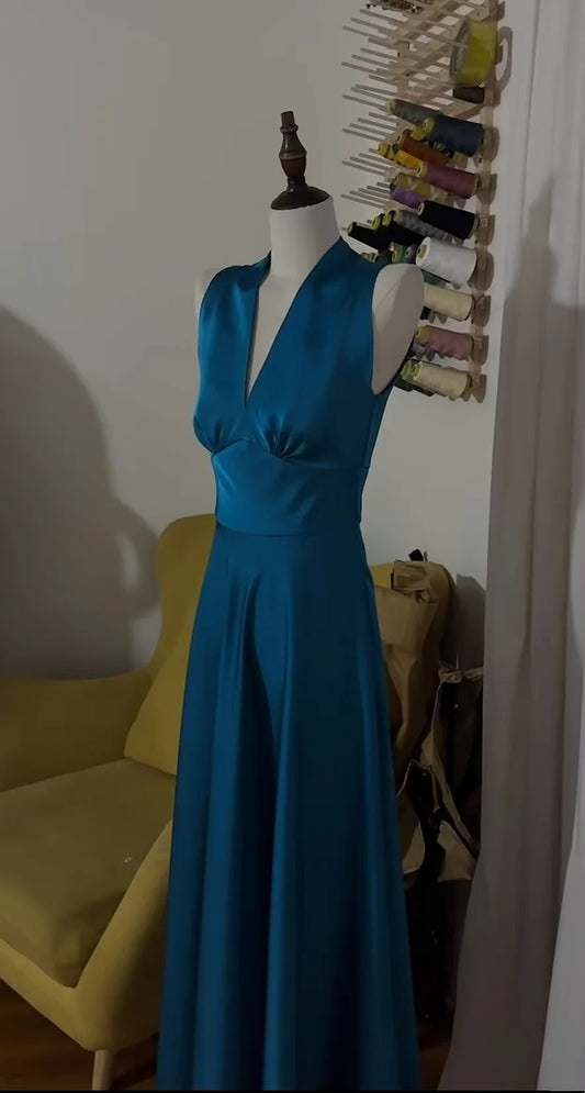 Peacock Blue Satin V Neck Sleeveless A-Line Long Evening Dress F0394