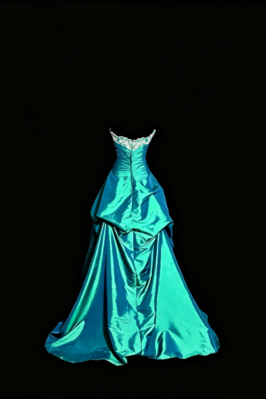 Vintage Peacock Green Strapless Ball Gown, Lace Taffeta Ruffled Train Evening Dress F0040
