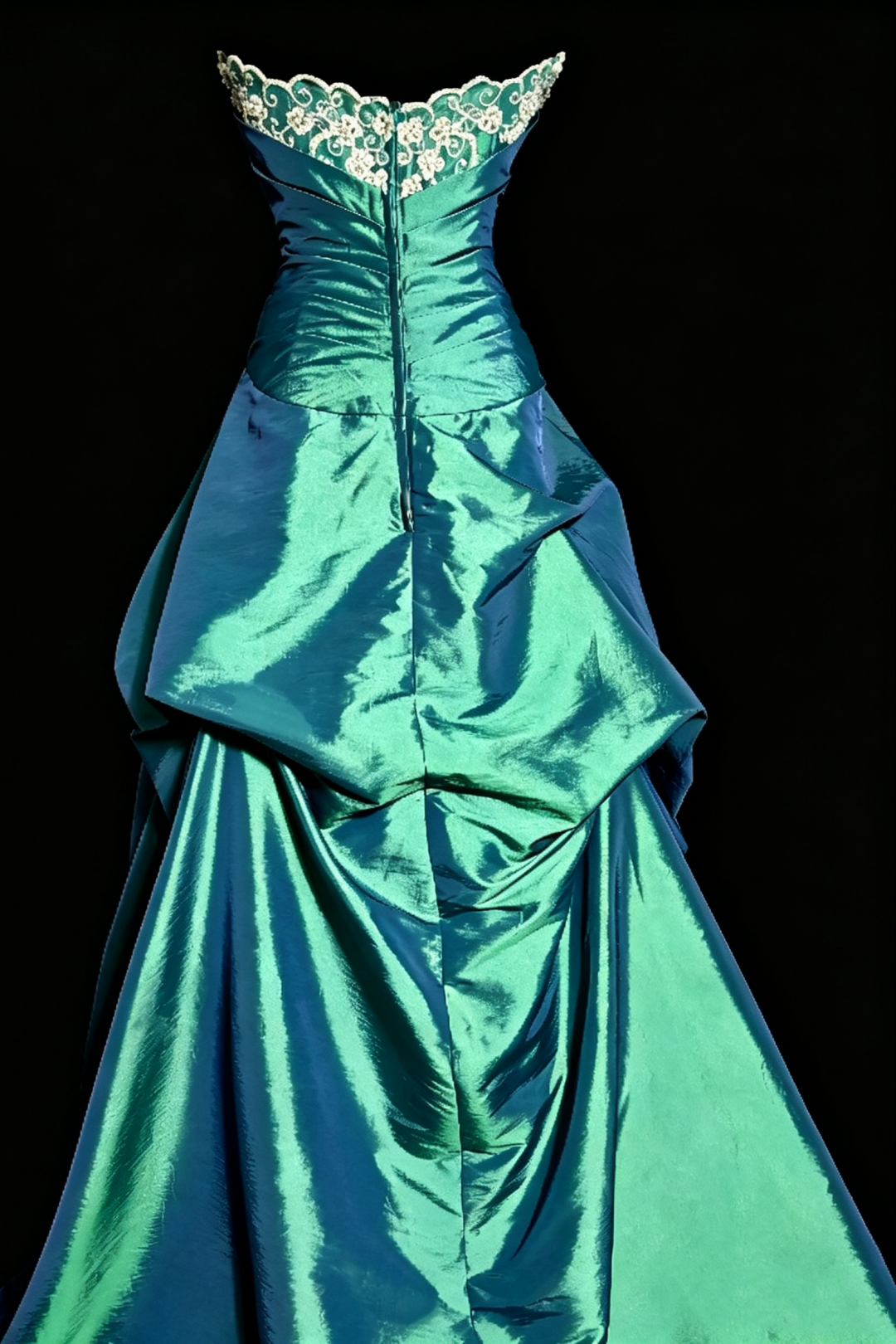 Vintage Peacock Green Strapless Ball Gown, Lace Taffeta Ruffled Train Evening Dress F0040