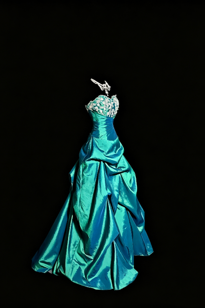 Vintage Peacock Green Strapless Ball Gown, Lace Taffeta Ruffled Train Evening Dress F0040