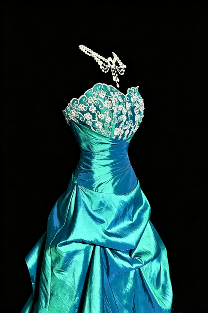 Vintage Peacock Green Strapless Ball Gown, Lace Taffeta Ruffled Train Evening Dress F0040