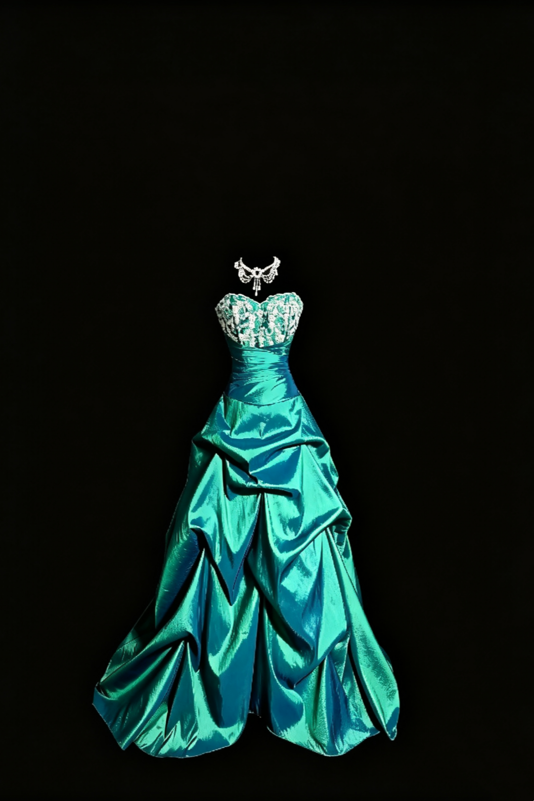 Vintage Peacock Green Strapless Ball Gown, Lace Taffeta Ruffled Train Evening Dress F0040