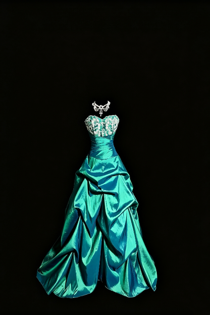 Vintage Peacock Green Strapless Ball Gown, Lace Taffeta Ruffled Train Evening Dress F0040