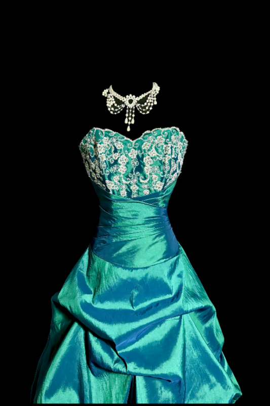 Vintage Peacock Green Strapless Ball Gown, Lace Taffeta Ruffled Train Evening Dress F0040