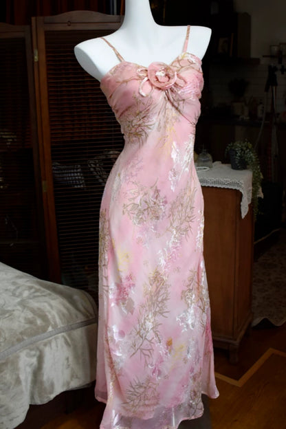 Pink Floral Chiffon Dress with 3D Flower Spaghetti Strap L037