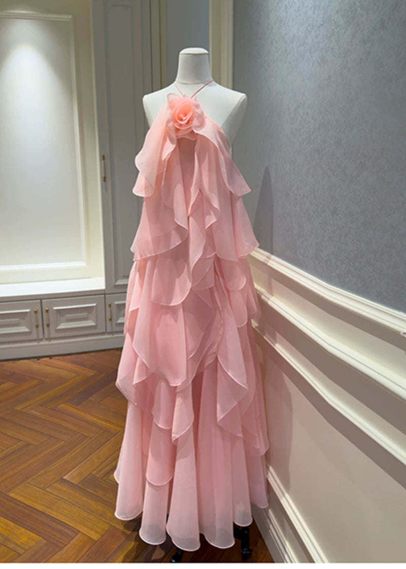 Pink Halter Ruffle Long Evening Dress With 3D Flower F0445