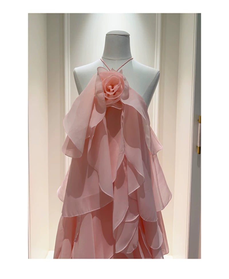 Pink Halter Ruffle Long Evening Dress With 3D Flower F0445