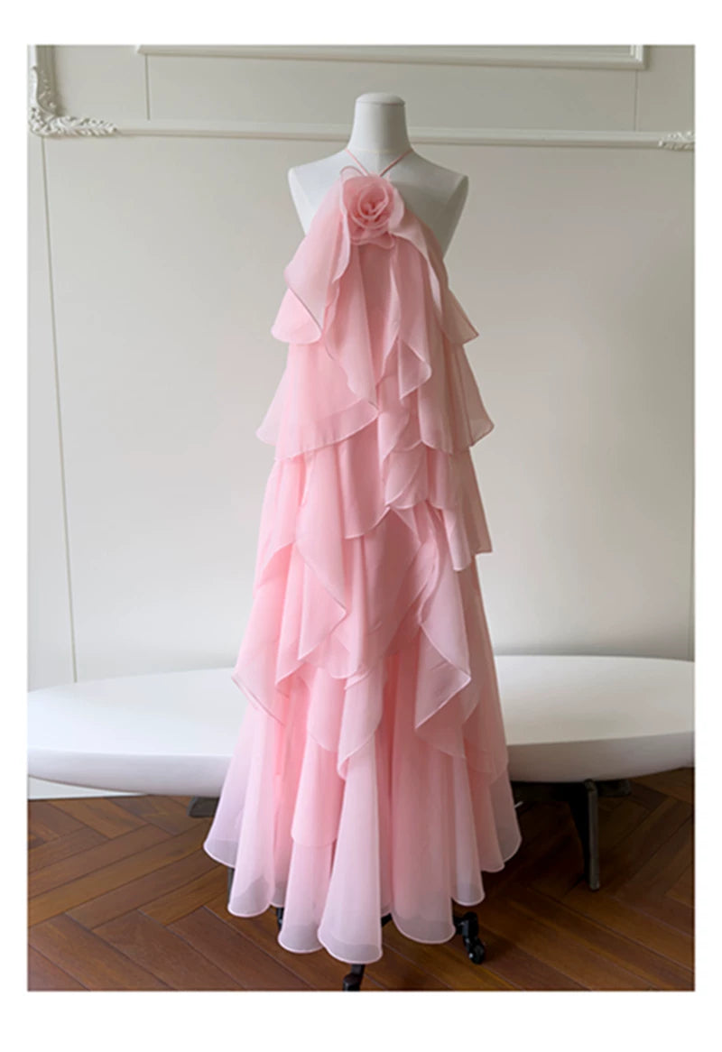 Pink Halter Ruffle Long Evening Dress With 3D Flower F0445