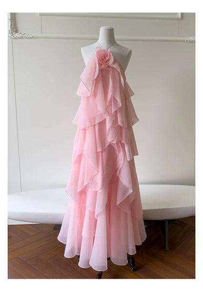 Pink Halter Ruffle Long Evening Dress With 3D Flower F0445