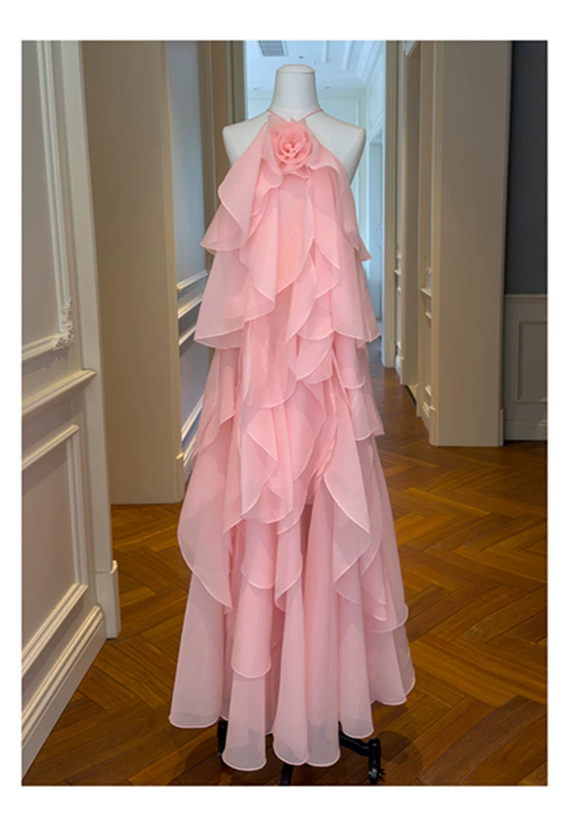 Pink Halter Ruffle Long Evening Dress With 3D Flower F0445