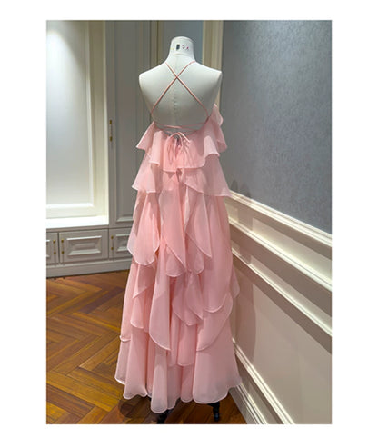 Pink Halter Ruffle Long Evening Dress With 3D Flower F0445