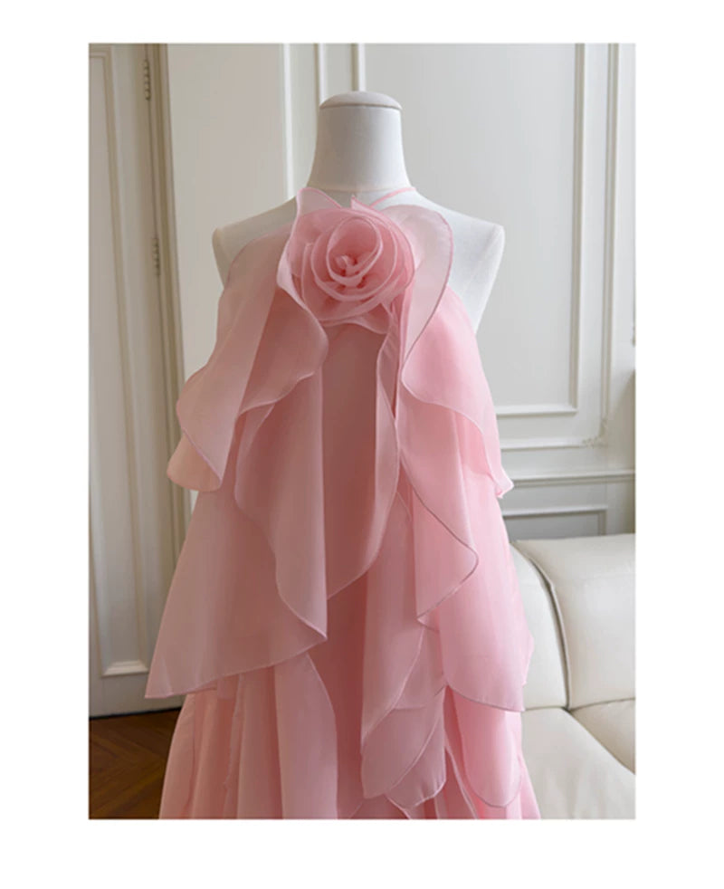 Pink Halter Ruffle Long Evening Dress With 3D Flower F0445