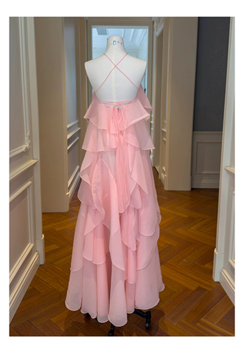 Pink Halter Ruffle Long Evening Dress With 3D Flower F0445