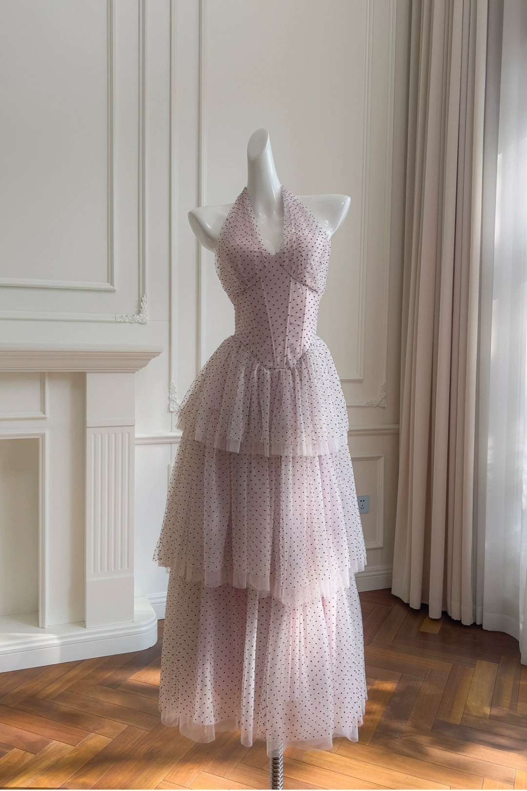 Pink Polka Dot Tulle Halter Tiered Maxi Dress, Party Evening Dress F0430
