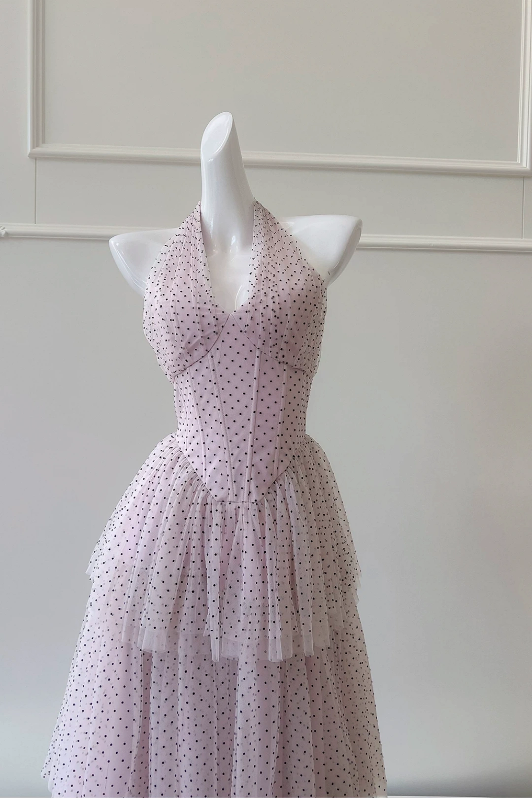 Pink Polka Dot Tulle Halter Tiered Maxi Dress, Party Evening Dress F0430