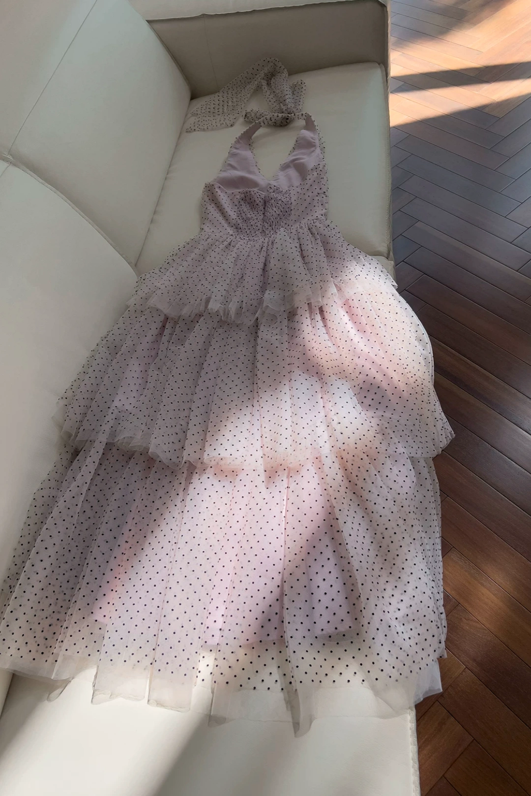 Pink Polka Dot Tulle Halter Tiered Maxi Dress, Party Evening Dress F0430