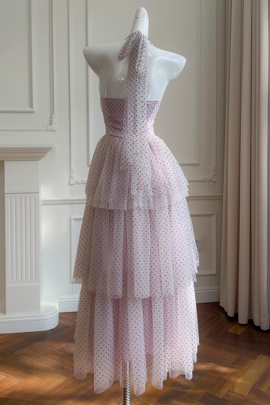 Pink Polka Dot Tulle Halter Tiered Maxi Dress, Party Evening Dress F0430