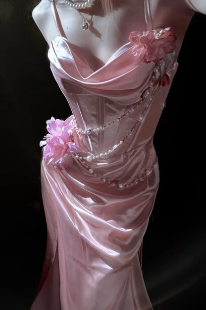 Pink Satin Spaghetti Strap Corset Evening Dress With Floral Pearl Chain F0525