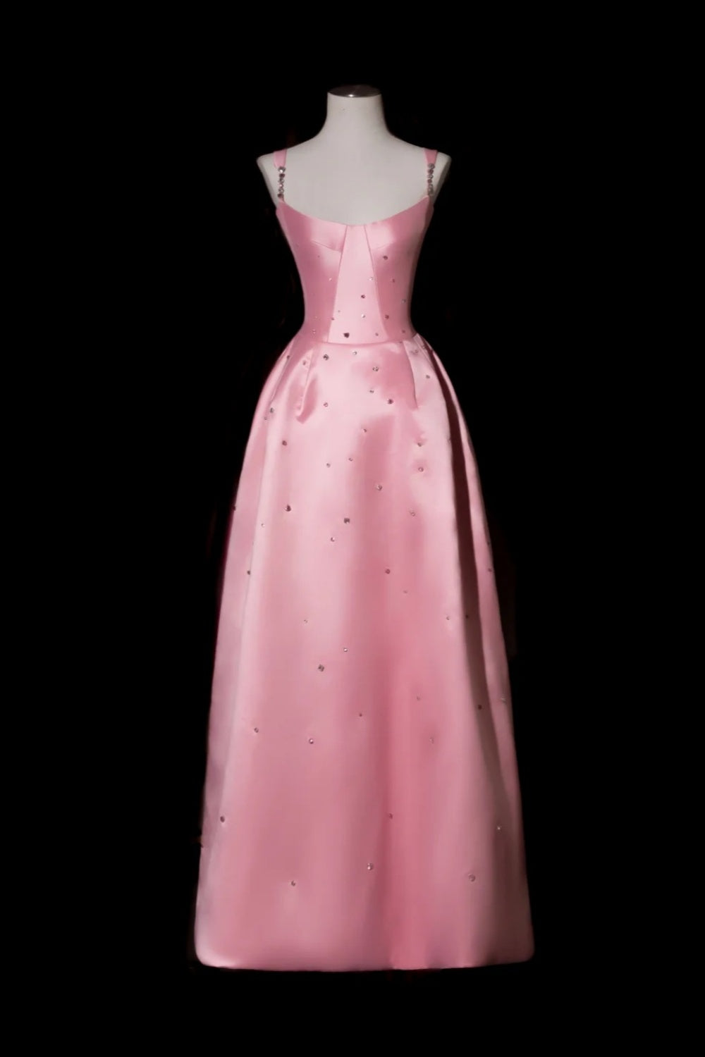 Pink Satin Spaghetti Straps Corset Evening Gown With Rhinestone Detailing F0371