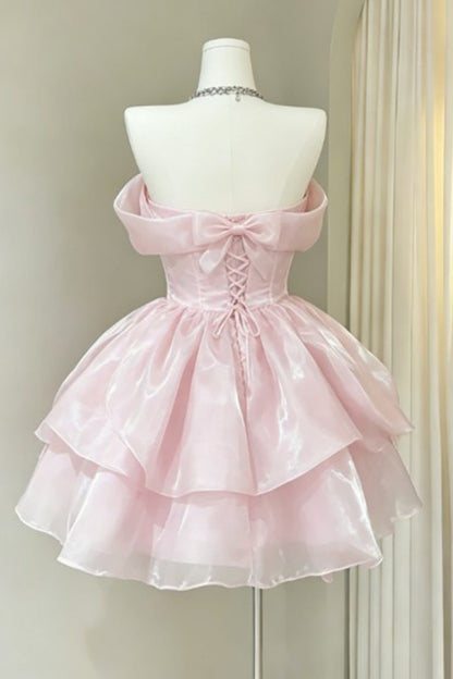 Pink Strapless Organza Homecoming Dress Bow Mini Princess Dress F0297