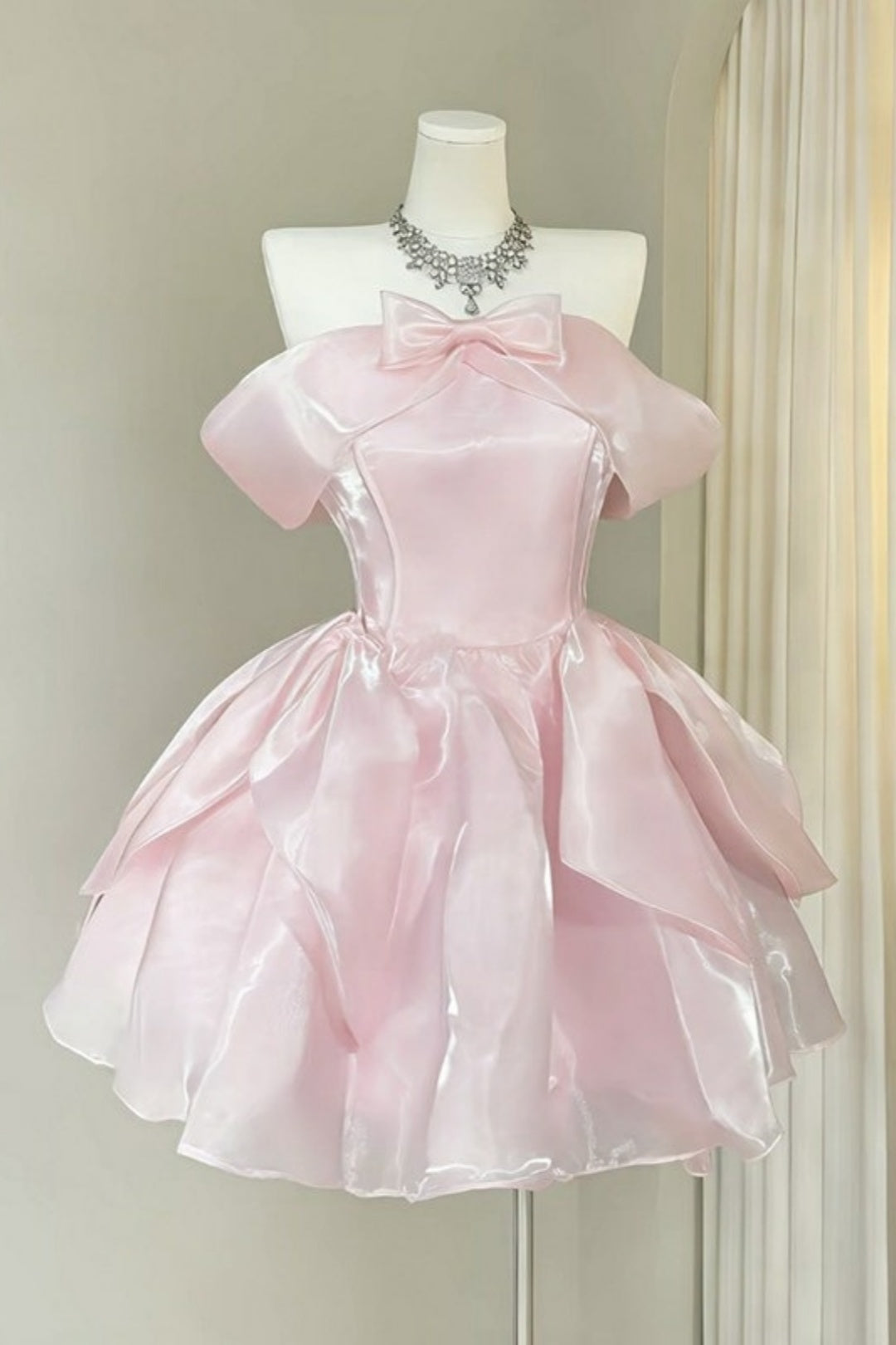 Pink Strapless Organza Homecoming Dress Bow Mini Princess Dress F0297