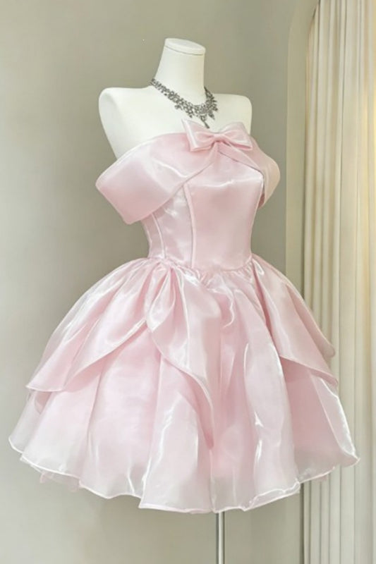 Pink Strapless Organza Homecoming Dress Bow Mini Princess Dress F0297