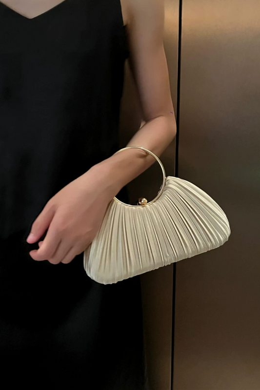 Pleated Satin Ring Handle Evening Clutch, Formal Party Handbag B003