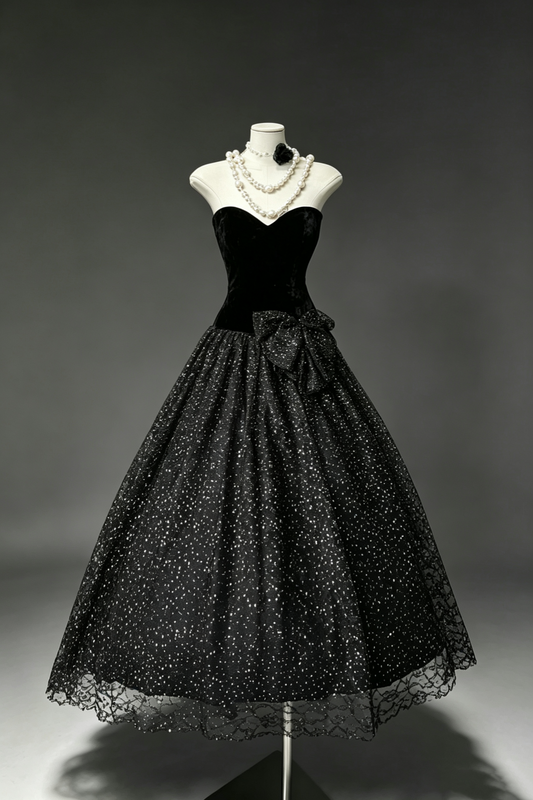 Hepburn Style Strapless Midi Prom Dress, Velvet Bodice Glitter Tulle Dress With Statement Waist Bow F0044