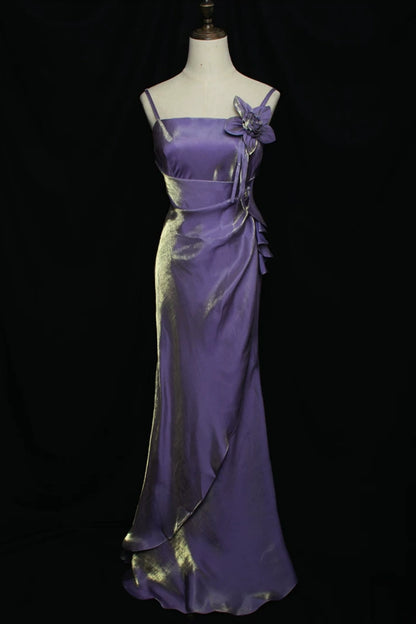 Purple Gold Shimmer Spaghetti Strap Mermaid Formal Dress with 3D Flower L021