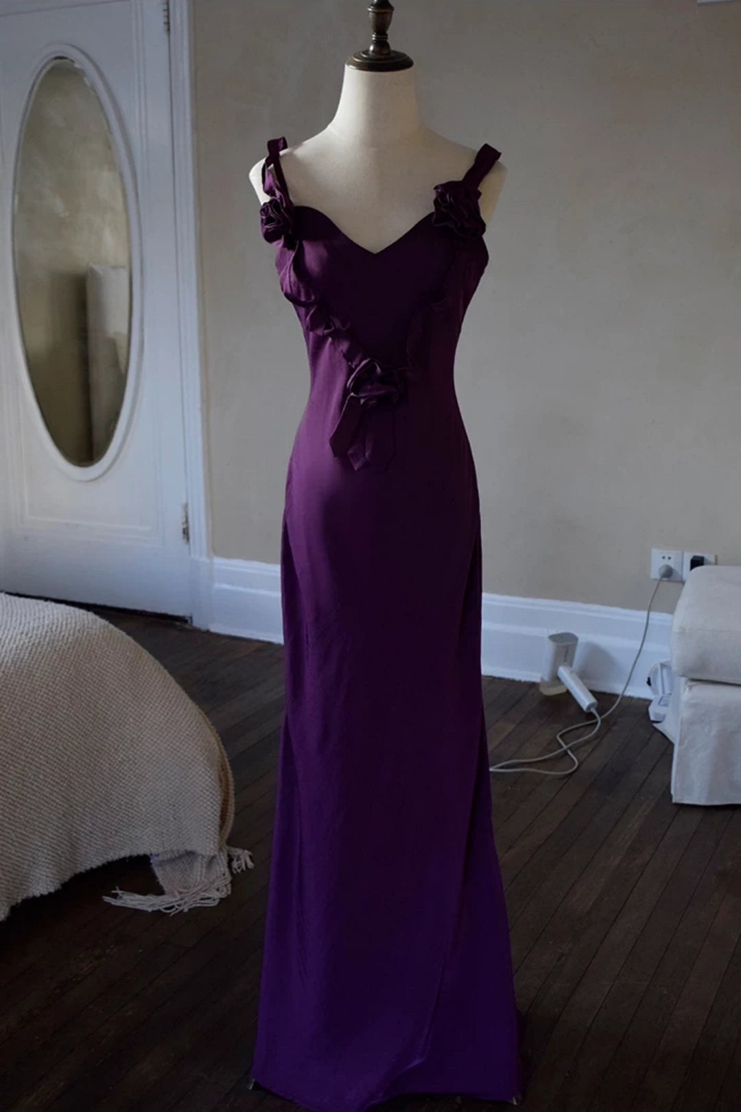 Purple Satin Mermaid Dress with 3D Flowers & Lace Up Back L035