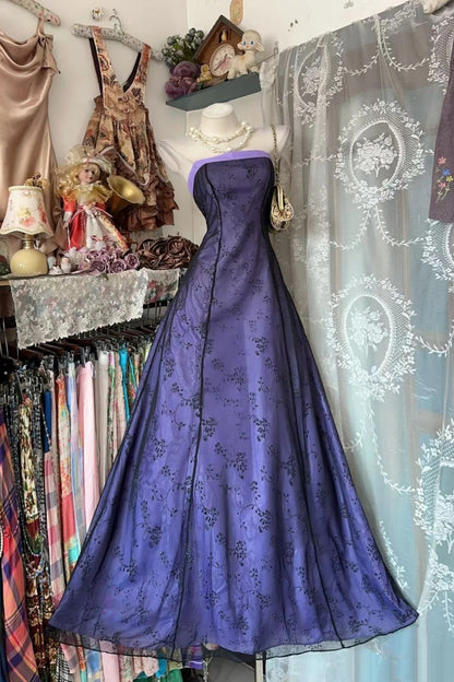 Purple Strapless Floral Tulle A Line Long Evening Dress F0519