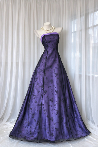 Purple Strapless Floral Tulle A Line Long Evening Dress F0519