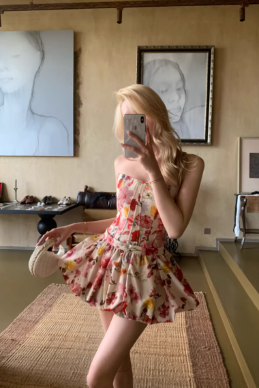 Strapless Floral Corset Set Bubble Skirt Two-Piece  FD09